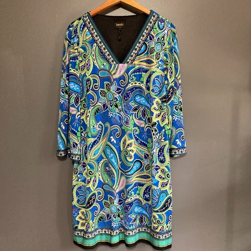 Laundry by Shelli Segal Paisley Shift Dress Womens XL Blue Green Resort Core